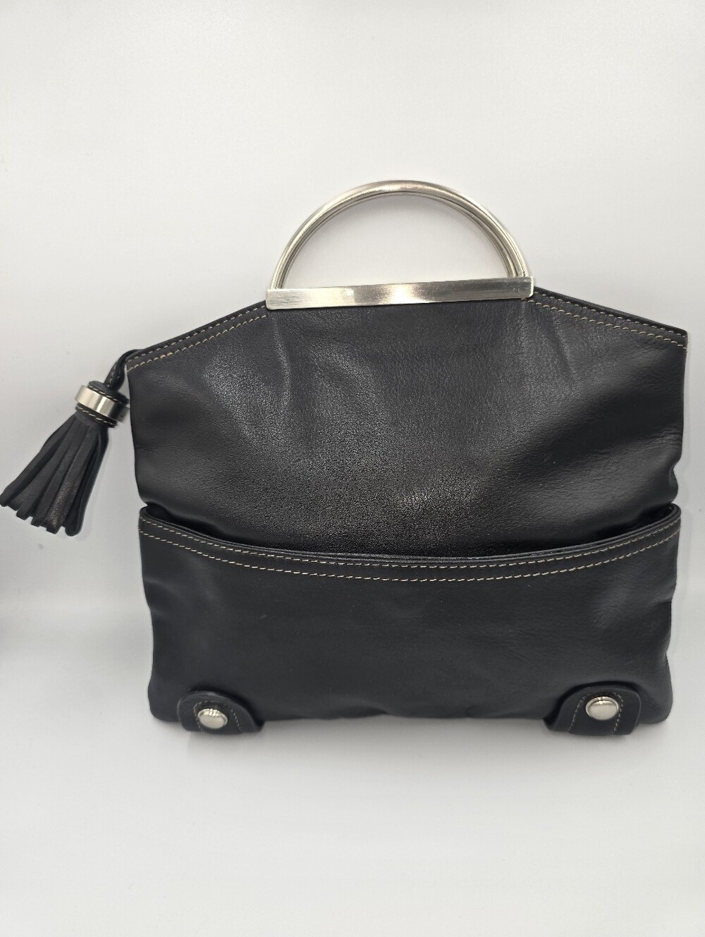 B. MAKOWSKY Black Leather Satchel Handbag Silver Handle Large Tassel